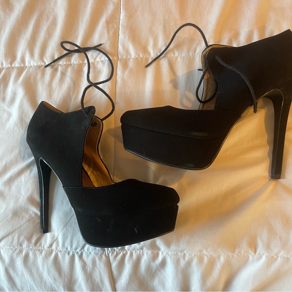 Suede High Heel Platform Tie Up Pumps Charolette Russe Black Shoes - Picture 11 of 11